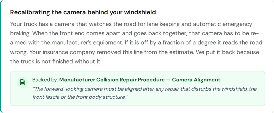 A disputed item in the Explainer: recalibrating the camera behind the windshield, explained in plain English with the manufacturer procedure quoted underneath