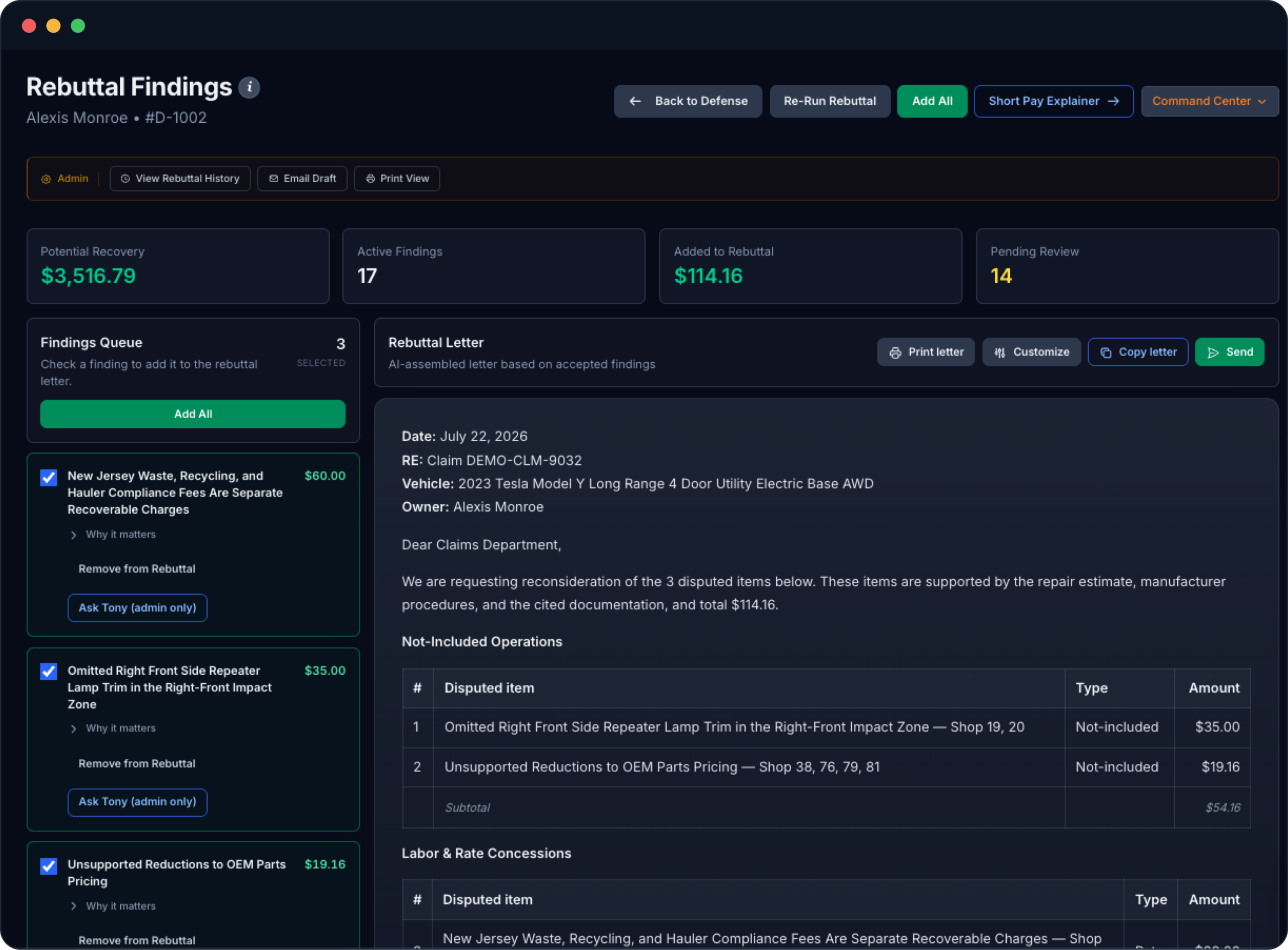 The Reclaimr rebuttal findings screen: potential recovery, active findings and the assembled rebuttal letter