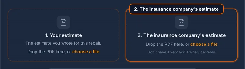 Reclaimr's upload screen: one box for your estimate, one for the insurance company's