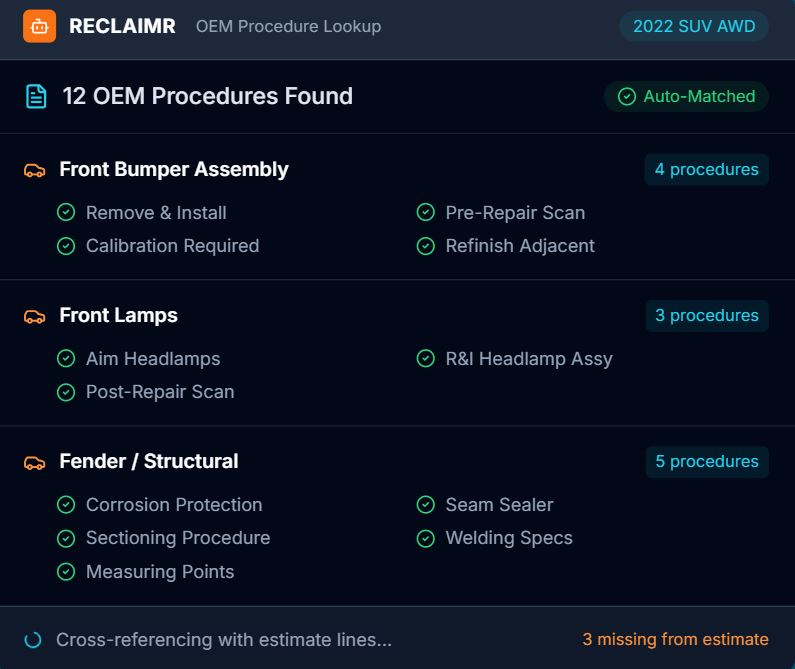 OEM procedure lookup listing the procedures matched to each damaged area