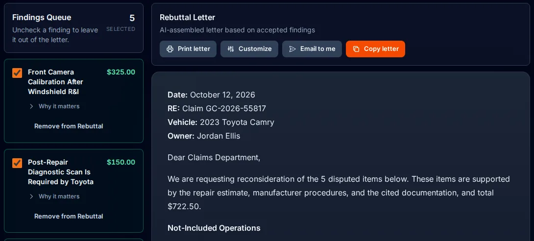 The finished rebuttal letter with Print, Email to me and Copy letter buttons