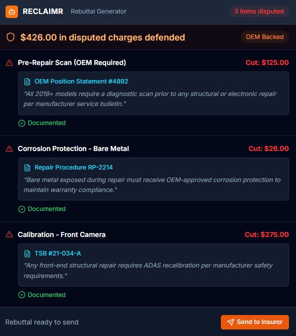 Rebuttal generator citing the OEM position statement behind each disputed charge