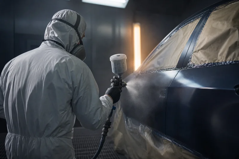 A painter spraying clear coat in a paint booth